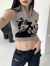 イアンヒッププリントクロップニットハーフジップアップベスト / Ian Hip Printing Crop Knit Half Zip-up Sleeveless Shirt