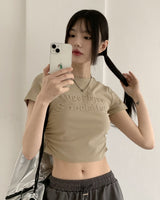ラテムレタリングエンボスサイドシャーリングクロップ半袖Tシャツ / Latem lettering embossing side shirring crop short-sleeve T-shirt
