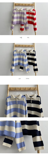 ストライプボタンカラーニットウェア/Color stripe button collar knitwear