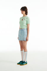 スモールチェリーケーブルクロップ丈のショットスリーブニット／SMALL CHERRY CABLE CROP SHORT SLEEVE KNIT [MINT]