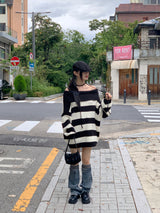 Dolche Boxy Striped Off-Shoulder Long-Sleeved Knitwear