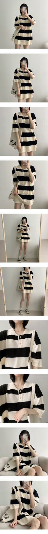 ムーンストライプボタンカラーニットウェア / Moon's Striped Button Collar Knitwear