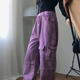 Kui パープルピグメントカーゴバックバンディングロングワイドデニムパンツ