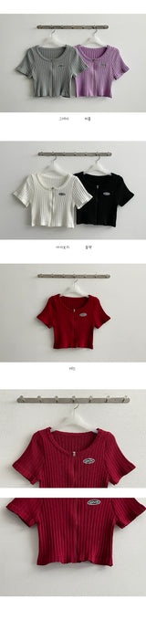 ピーチリブドエンブロイダリーラウンドショートクロップドジップアップ / Peach's Ribbed Embroidery Round Short-Sleeved Cropped Zip-up