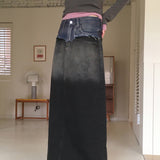 Toojen Unique Coloring Layered Back-Slit Washed Denim Long Skirt