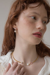 ピンククリスタルアンドパールドロップピアス/Pink crystal and pearl drop earring