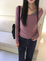 GtelヴィンテージストライプディープUネック長袖Tシャツ