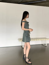 Raphim Off Shoulder Low Belt Pleated Mini One Piece