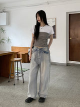 Sie Stripe Shirring Tube Top Set All-in-One Crop Short-Sleeved T-Shirt