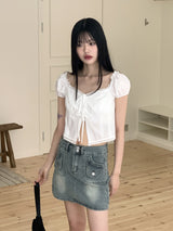 Poppy Vintage Lace Puff String Cropped Short Sleeve Blouse