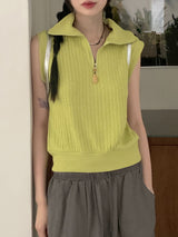 Miout Linen Twisted Collar Half Zip-up Sleeveless Vest
