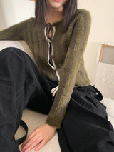 グリーンストライプsトラップクロップロングスリーブカーディガン