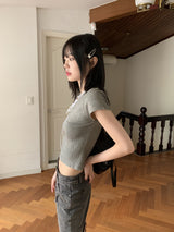Chetshire y2k lace ribbon string V-neck short sleeve knit
