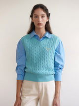 V NECK CABLE KNIT VEST BLUE
