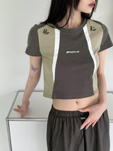 エンバースポーティ配色ラウンド半袖Tシャツ/ Enver sporty color matching round short-sleeved T-shirt