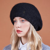 Stud Logo Wool Knit Beret Black
