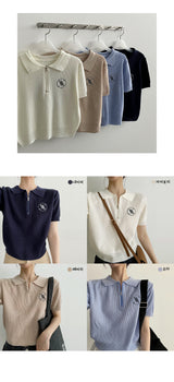 エンブロイダリーバンディングジップアップショートスリーブ ニットウェア / WM embroidery banding zip-up short-sleeved knitwear