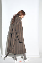 STRIPE COMBINATION WOOL ROBE COAT (Brown) / ストライプコンビネーションウールローブコート