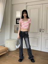 チョイカチェックツイストキンクハートネッククロップ半袖Tシャツ/Choika Check Twisted Twisted Heart Neck Cropped Short Sleeve T-shirt