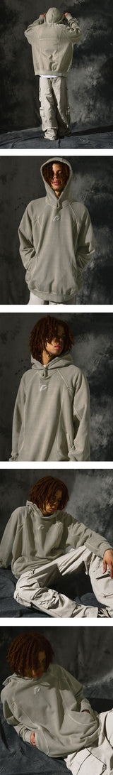 [Heavy Cotton] Pigment Washing Puzzle Embroidered Hoodie_Olive