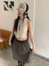 ワズスリムフィットワッフルツーウェイノースリーブベストクロップドフーディージップアップ / Waz Slim Fit Waffle Two-Way Sleeveless Vest Cropped Hoodie Zip-Up