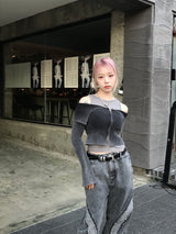 グランジウォッシングオフショルダークロップ2wayジップアップ