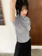 ギリープリーテッドプリーテッド半袖ブラウスTシャツ