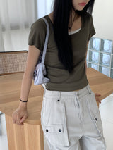 Dear Basic Ribbed Square Neck Short Sleeve T-shirt
