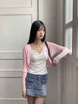 リーミングサマーシースルーワンボタンクロップ長袖カーディガン【6色】/[6 colors] Leoming summer see-through one-button cropped long-sleeved