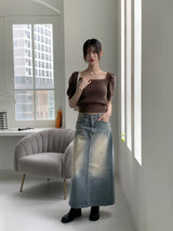 ロミエンパフスクエアバックリボン半袖ニット / Romien Puff Square Back Ribbon Short-Sleeved Knit