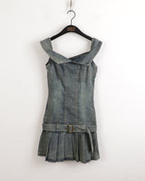 Raphim Off Shoulder Low Belt Pleated Mini One Piece