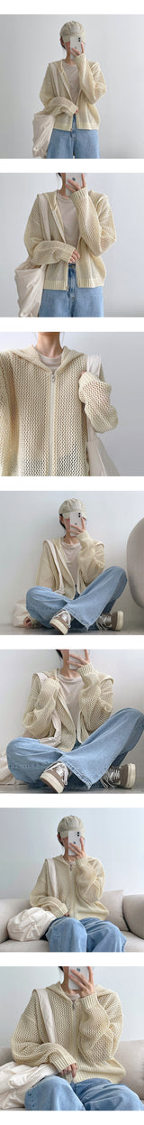 マリーンシースルーサマーニットウェアフーデッドジップアップ / Marine See-Through Summer Knitwear Hooded Zip-Up