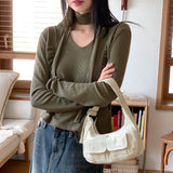 [Scarp Set] Purden V-neck Side Shirring Cropped Long-Sleeved T-shirt