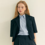 ストライプリンクルポケットクロップシャツ / Stripe Wrinkle Pocket Crop Shirt (Light blue)
