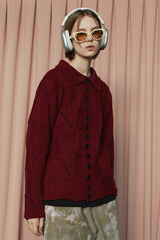 BUTTON ARGYLE KNIT JACKET / WINE
