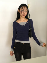 Jettyレイヤード配色Vネックトット長袖Tシャツ