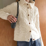 Robe collar high-neck loose fit twist knit long sleeve cardigan