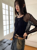 Raon see-through damage corset long sleeve crop knit