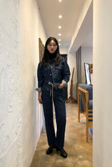 セミワイドフィットストリングポイントダークデニムパンツ/JEON SO MIN SEMI-WIDE FIT STRING POINT DARK DENIM PANTS [17708]