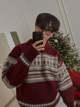 メリークリスマスウール40%セミジップアップニット