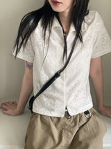 Aset Crochet Punching Lace Collar Cropped Half-Sleeved Shirt