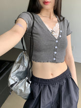 カタル一体型レースVネッククロップ半袖カーディガン/ Catal all-in-one lace V-neck cropped short-sleeved cardigan