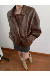 Collar boxy round leather jacket