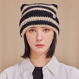 Square Label Stripe Crochet Beanie / Black