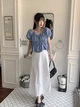 Tizen ribbon shirring puff flare crop denim short-sleeved blouse