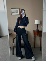 Belted semi bootcut slacks