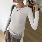 Chiss shirring layered diagonal off-shoulder long sleeve t-shirt