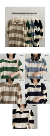 ムーンストライプボタンカラーニットウェア / Moon's Striped Button Collar Knitwear