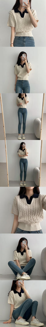 カラーリングカラーツイストクロップドショートスリーブニットウェア / colouring collar twist cropped short-sleeved knitwear