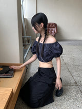 ミネンデニムオフショルダークロップド半袖ブラウス / Minen Denim Off Shoulder Cropped Short Sleeve Blouse